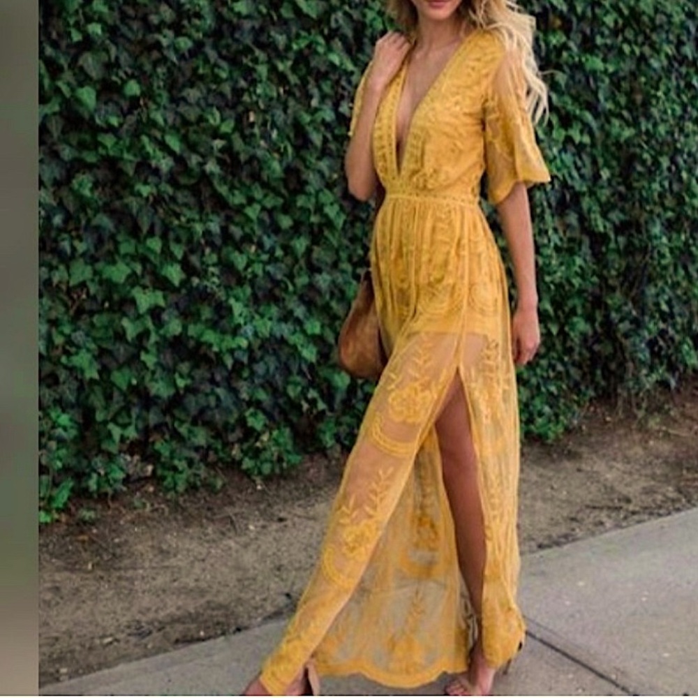 Honey Punch Mustard Yellow Lace Romper Dress